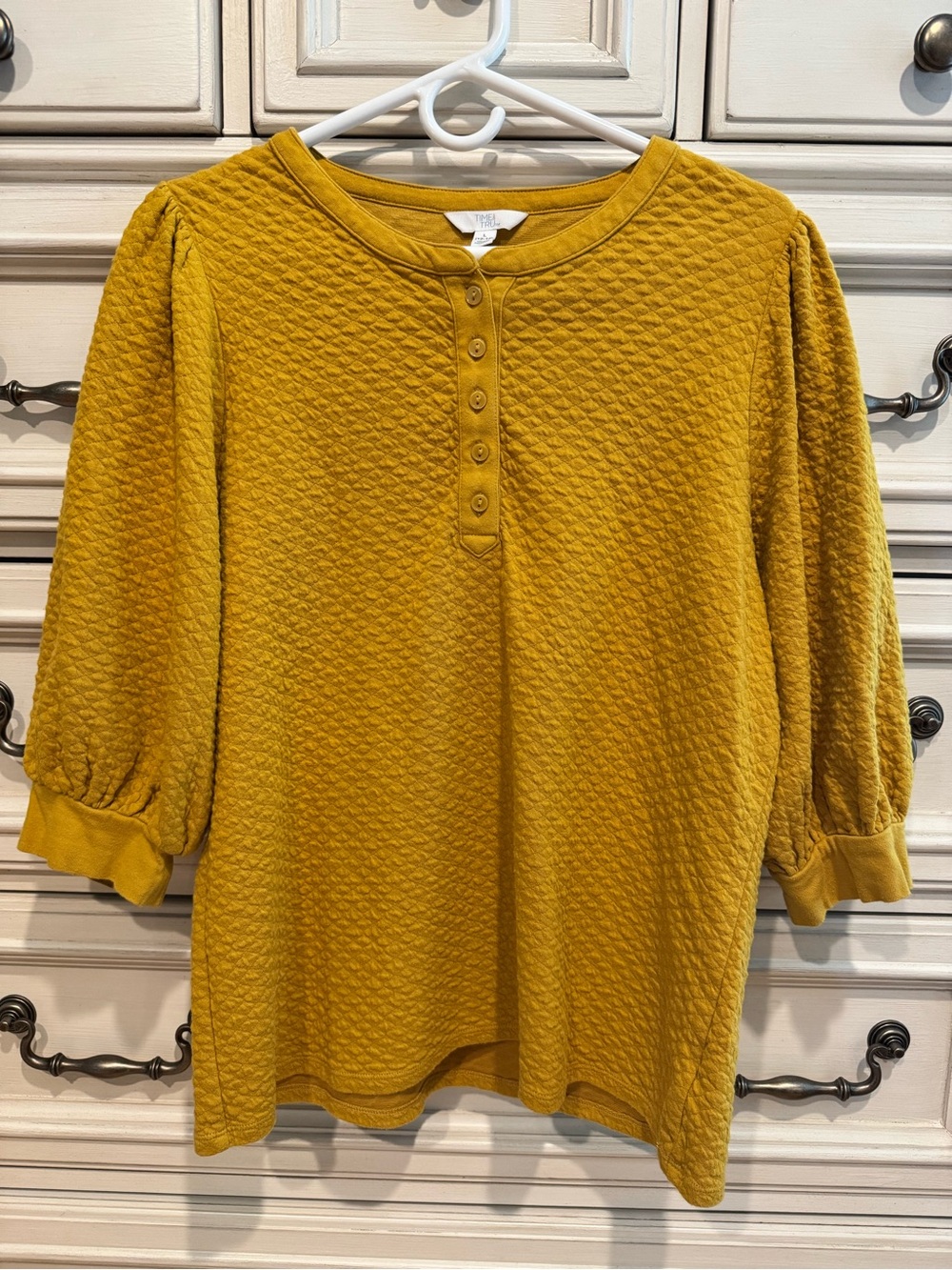 Time and Tru Mustard Quilted Henley with Puff Sleeves - Women